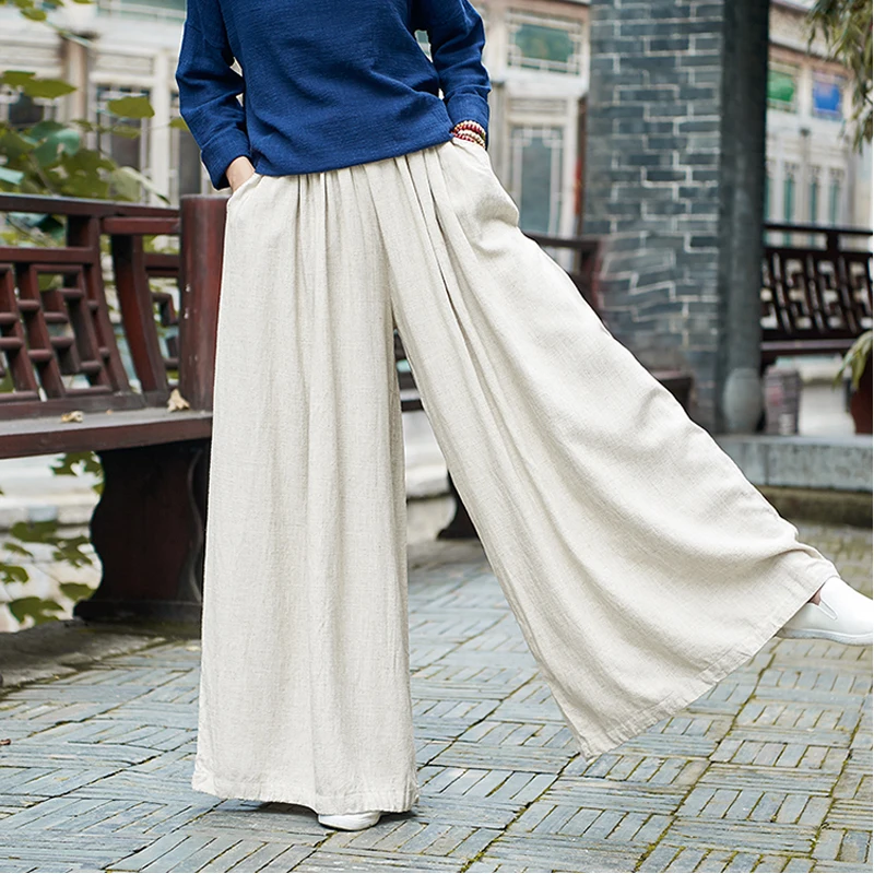 

Women Linen Wide Leg Pants Elastic Waist Autumn Winter New Pockets Plus Size Women Clothing Loose Vintage Trouser