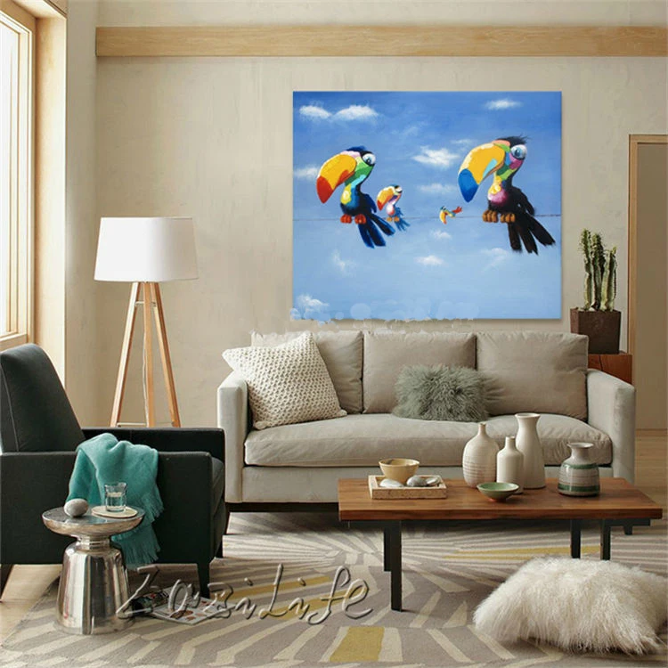 

Free Shipping Hand Painted Oil Painting on Canvas Lovely Parrots' Family Wall Pictures Modern Abstract For Home Decoration