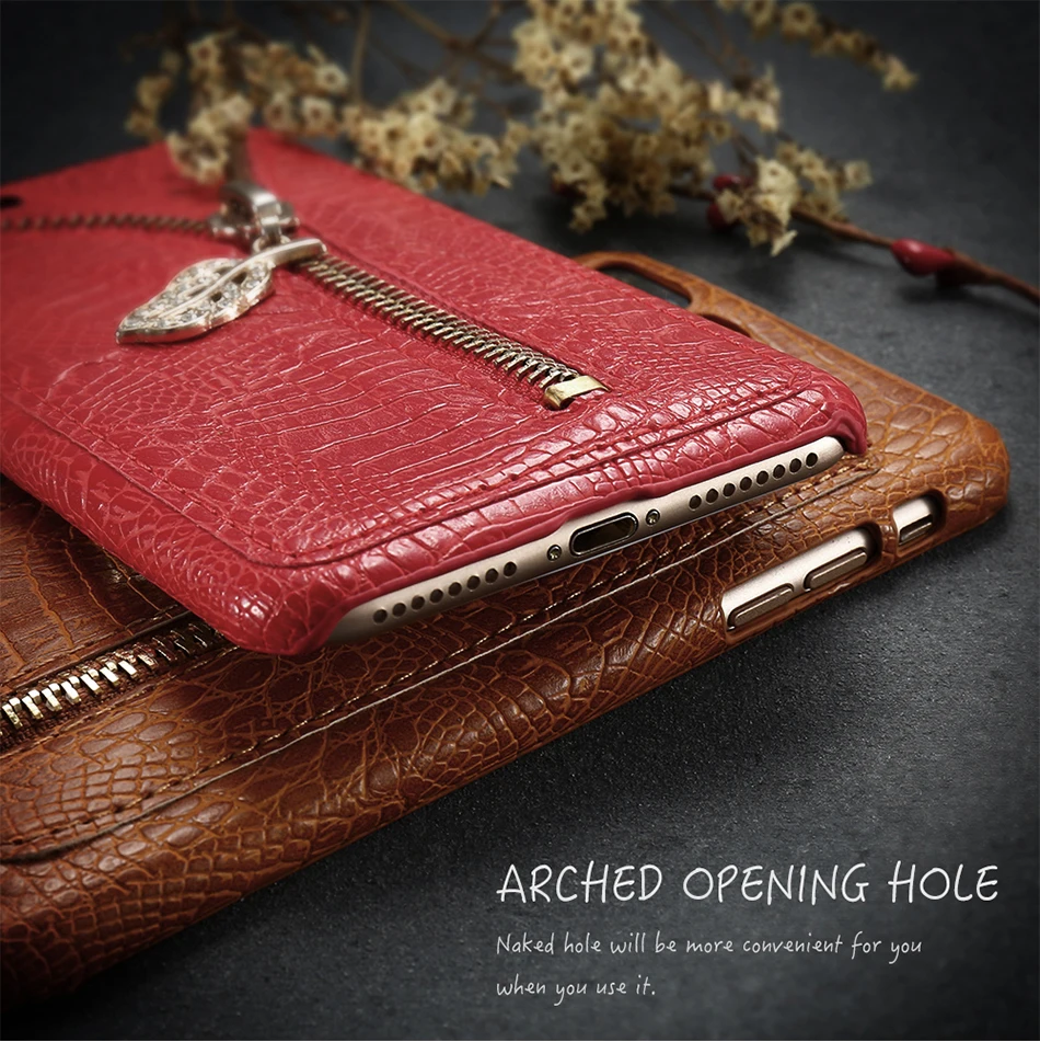 Zipper Leather Case For iPhone 6 6S 7 Plus 5 5S Rhinestone Leaf Crocodile Pattern (6)