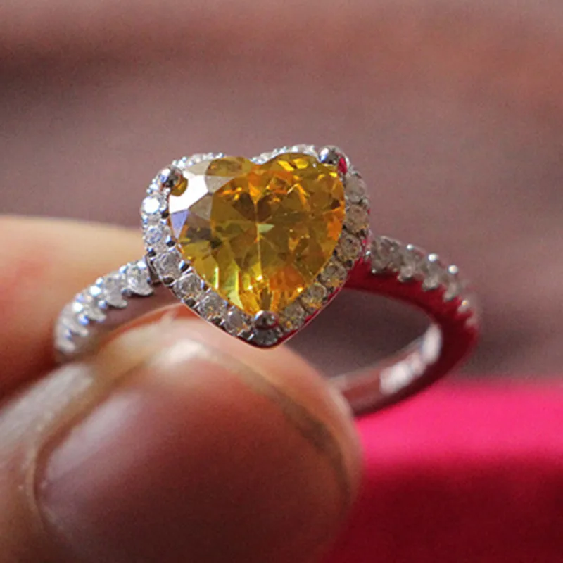 

Colorful Jewelry 2ct Heart Shape Ring Promise Propose SONA Simulate Yellow Diamond Ring for Bride Engagement Ring Jewelry Silver