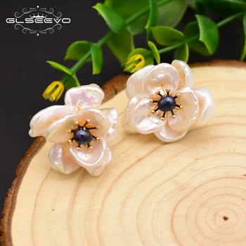 

GLSEEVO Natural Fresh Water Baroque Pearl Stud Earrings For Women 925 Sterling Silver Flower Jade Earrings Charm Jewelry GE0664