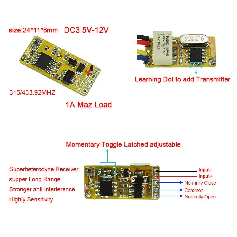 Небольшой дистанционный переключатель реле 3,6 В 4,8 в 5 в 6 в 7,4 в 9 в 12 В широкий диапазон напряжения мини-приемник передатчик нормально открытый закрытый беспроводной переключатель