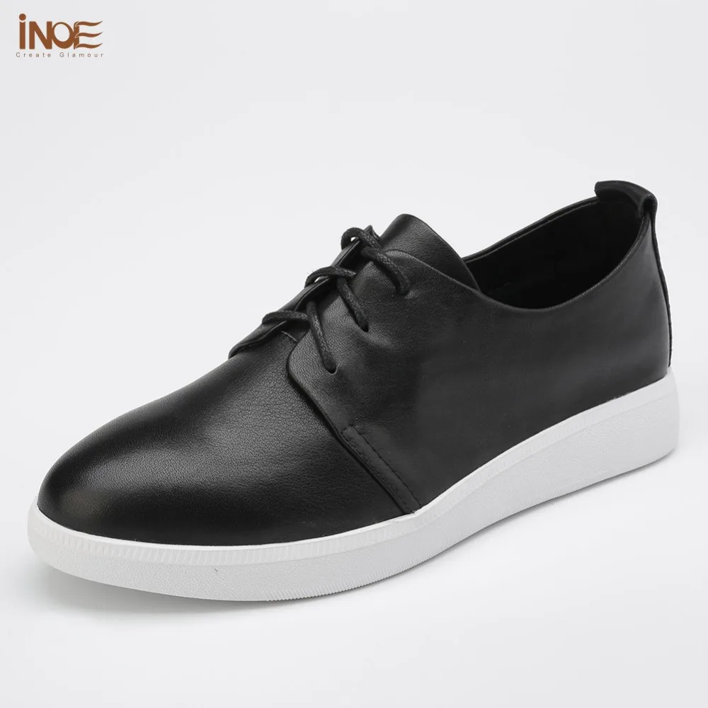

INOE 2017 new genuine cow leather leisure ladies lace up spring casual shoes for women flats non-slip high quality white black