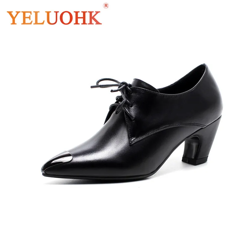 

2018 Spring Shoes Heel Women Genuine Leather Shoes Women Heels Black 5.5 CM High Heels Female Pumps