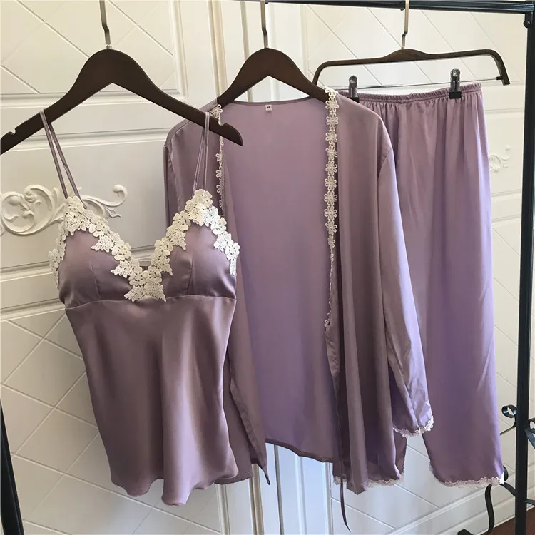 

Lisacmvpnel 3 Pcs Ice Silk Woman Pajama Set Nightgown+Cardigan+Long Pant Set Lace Sexy Female Pajamas