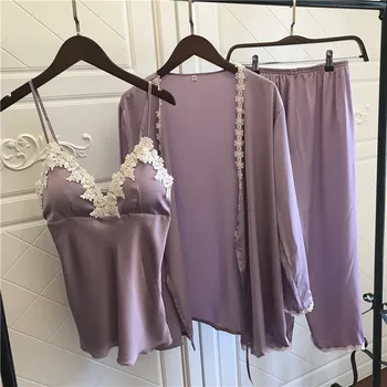 

Lisacmvpnel 3 Pcs Ice Silk Woman Pajama Set Nightgown+Cardigan+Long Pant Set Lace Sexy Female Pajamas