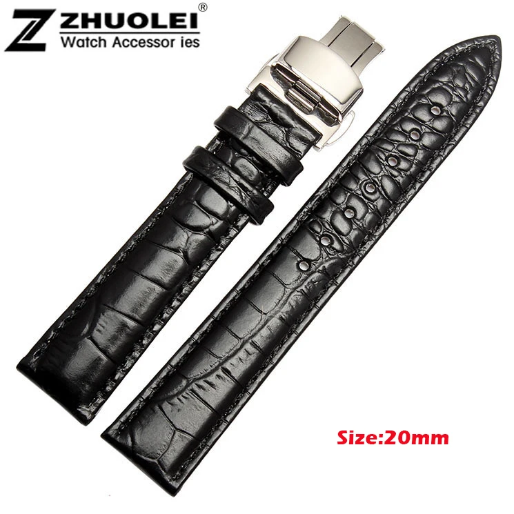 

NEW 18mm 19mm 20mm 22mm Black brown Genuine Leather Watch BAND Strap Folding Butterfly Clasp for ar watchband