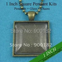 200 наборы ожерелье под античную бронзу наборы: 25 мм квадратный поднос+ 25 мм квадратные стеклянные Кабины+ 24 дюйма ожерелье из шариковой цепочки