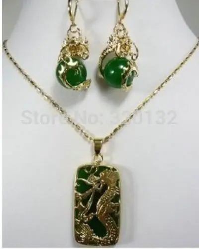 

Nobility jewelry Elegant nice Charming Green jade Dragon Pendant necklace earring set Wholesale Plated gold Jewelry silver hook