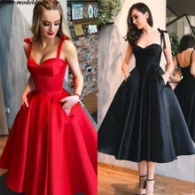 Платья для выпускного вечера длиной до середины икры, короткие с карманами, с милыми лямками, на молнии, атласные трапециевидные Простые Вечерние Платья Vestidos De Festa