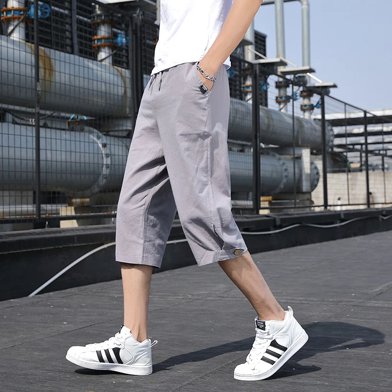 

Solid Color Calf-Length Pants Linen Men's Pants Elastic Waist Black Gray Khaki Green Blue Calf-Length Pants