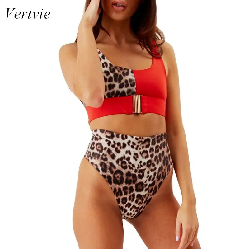 

Vertvie 2019 New Summer Women Sexy Color Matching Leopard Print Bikini Set High Waist Swimwear Widened Hem Beach Bathing Suits