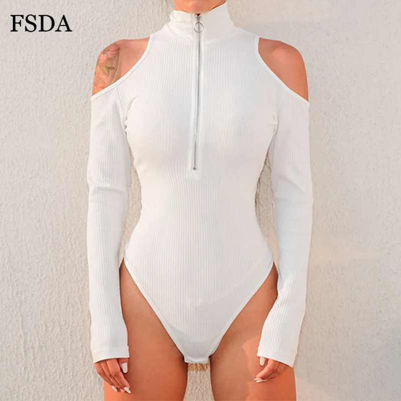 FSDA Zipper Hollow Out Turtleneck Bodysuit Women Black White Winter Long Sleeve Autumn Sexy V Neck Streetwear Body Top Jumpsuit - Цвет: Белый