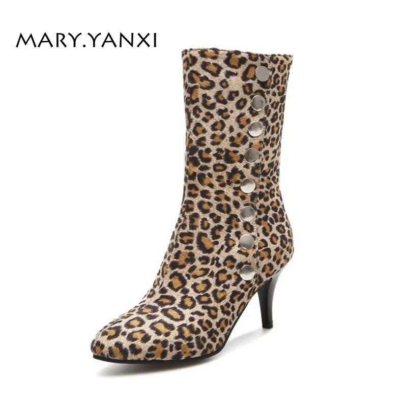 

Mary.Yanxi Winter Fashion Women Shoes Ankle Short Boots Flock Leopard Pointed Toe High Heels Big Size Fleeces Insole Button