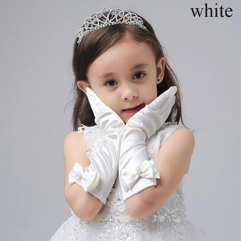 1 пара, новые длинные перчатки с бантом для девочек, милые перчатки принцессы для детского дня, выпускного бала, вечеринки, аксессуары, однотонные перчатки для детей - Цвет: White