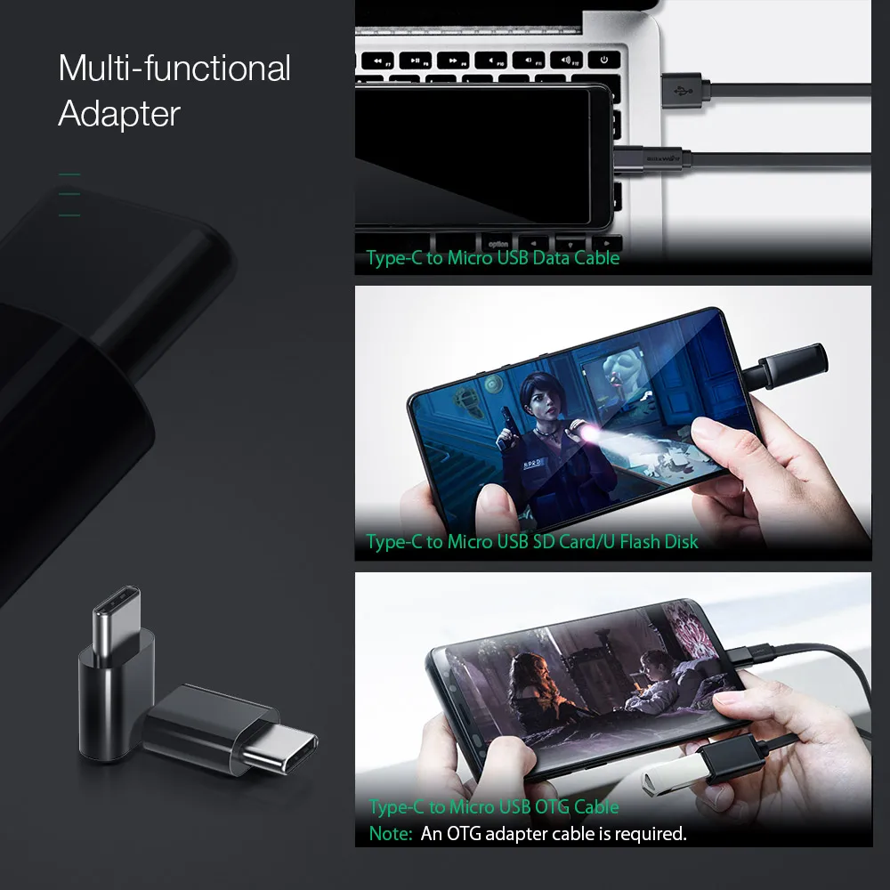 Blitzwolf BW-MT2 2 в 1 микро USB плоский кабель передачи данных для быстрой зарядки с адаптером типа C для HUAWEI для samsung Android Phone Tablet