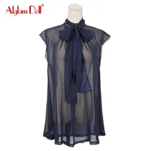 Alglam Doll Women Fashion Ladies Casual Chiffon Sleeveless Bow Polka Dot Stand Collar 2017 Summer Blouse Top Shirt