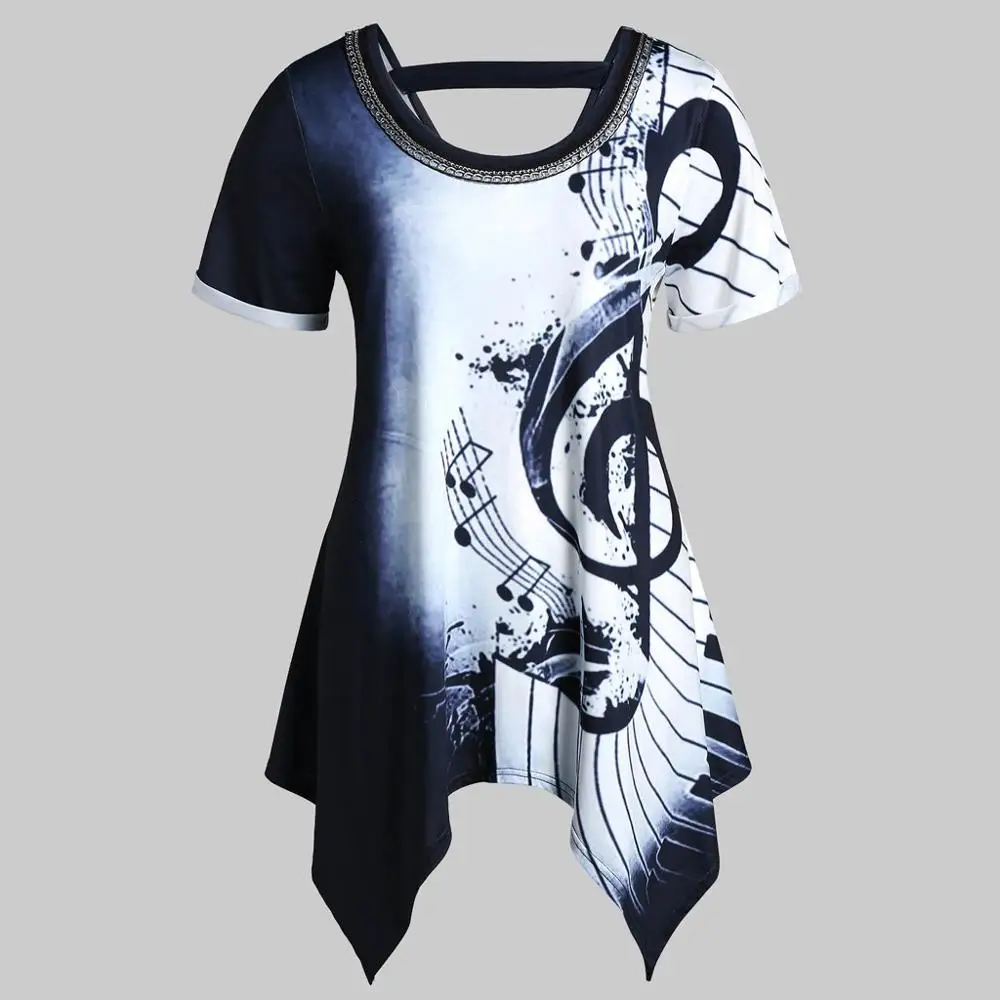 

Women Asymmetrical Musical Notes Print T-shirt 2019 NEW Summer Fashion Chains Embellished Tee Top Casual tee shirt femme