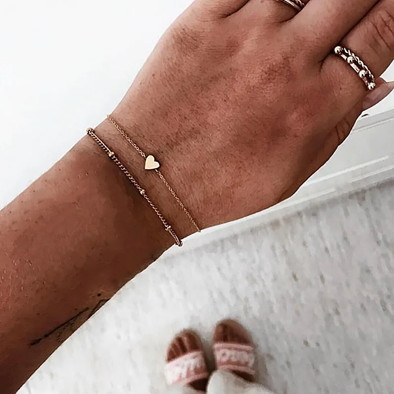 

2pcs/set Minimalist Gold Silver Color Small Love Link Chain Bracelets For Women Friendship Love Charm Bracelets Bangles Jewelry