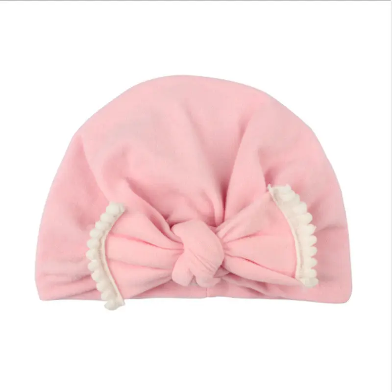Для новорожденных и детей ясельного возраста Одежда для детей; малышей; девочек мальчиков шапки осень/зима с бантом однотонная Хлопковая шапочка шапки 6 цветов - Цвет: Розовый