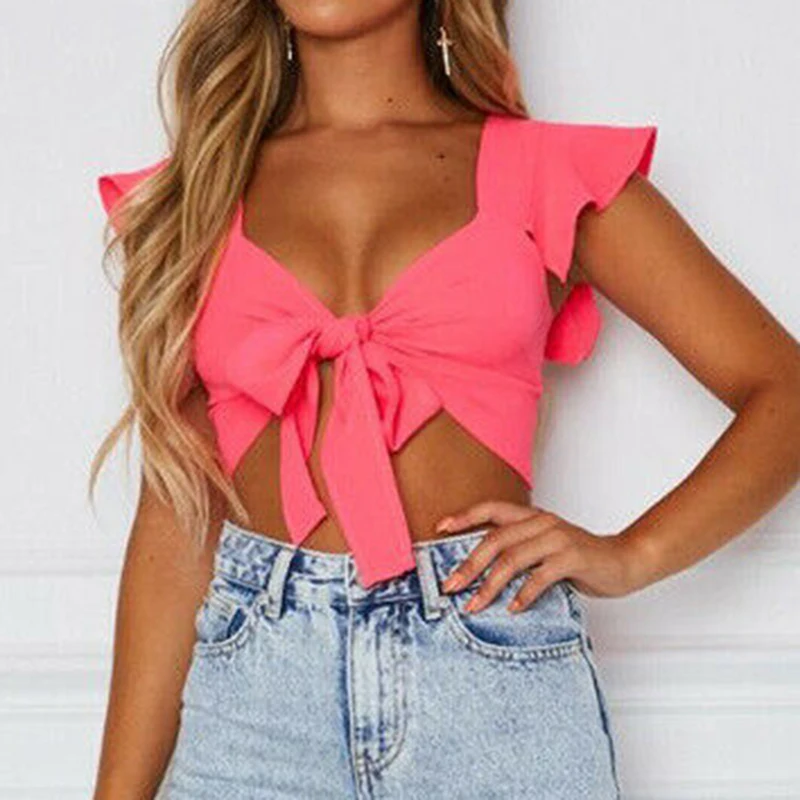 Hot Sale Summer Womens Short Sleeve Solid Shirt Front Knot Tie Ladies Casual Holiday Street V Neck Top S-2XL Four Color 2019