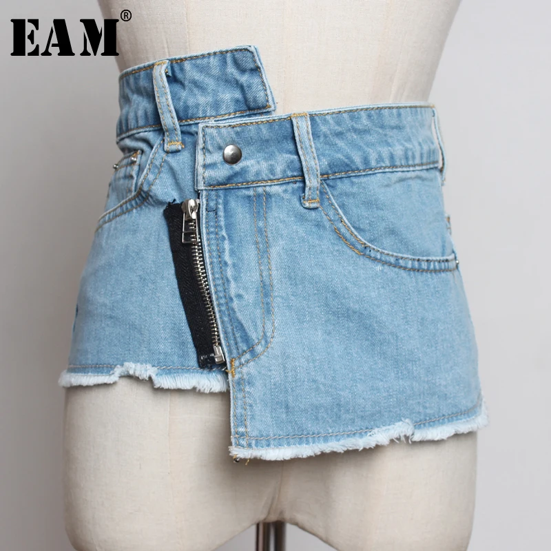 

[EAM] 2019 New Spring Summer Blue Irregular Burr Split Joint Zipper Personality Wide Belt Women Fashion Tide All-match JW253