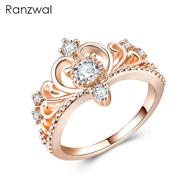 Ranzwal, модная Корона из розового золота, кольца для женщин, элегантное кольцо с кубическим цирконием, Женские Ювелирные изделия, размер США 6~ 10