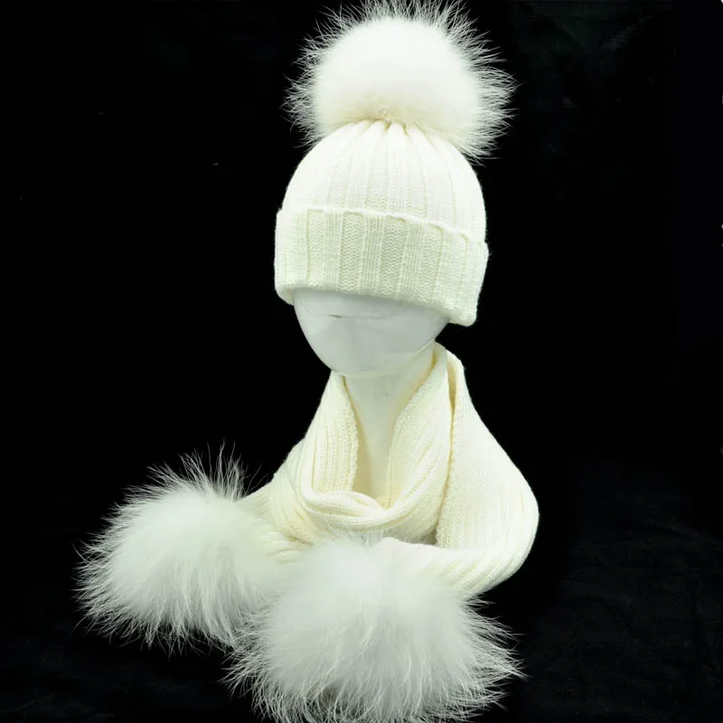 Зимний Детский комплект из шапки и шарфа, теплая плотная эластичная вязаная шапочка для мальчиков и девочек, меховая шапка с помпоном и шарфом, комплект для детей