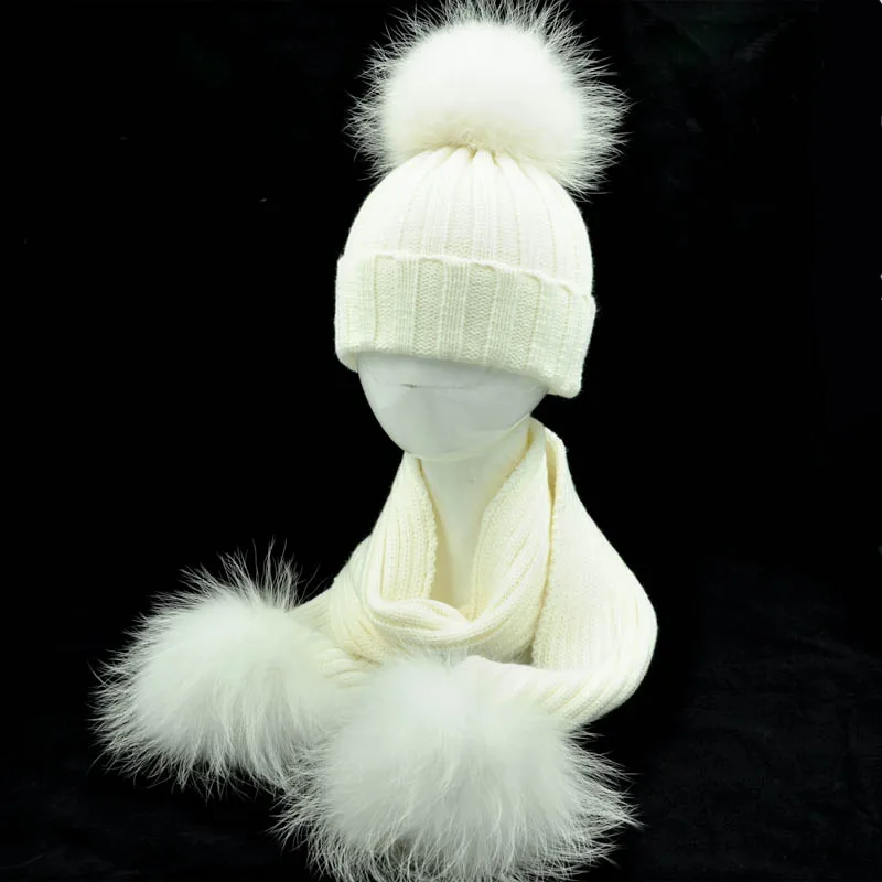 Jaxmonoy Baby Hat and Scarf Set Thick Stretchy Knitted Beanie for Boys and Girls Real Raccoon Fur Pom Pom Winter Hats for Kids