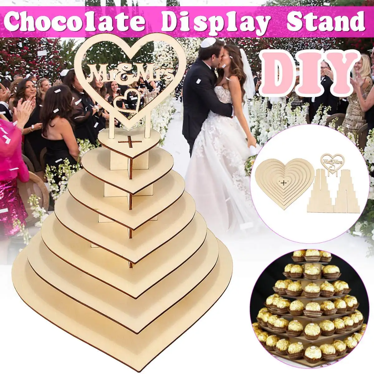 

Wedding Decoration DIY Wooden Heart Chocolate Stand Storage Rack Display Holder Candy Snacks Shelf Party For Party Cake Decor
