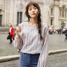 INMAN Spring Boat Neck Long Sleeve Linen Artistic Striped Patchwork Shirt Women INMAN Spring Boat Neck Long Sleeve Linen Artistic Striped Patchwork Shirt Women