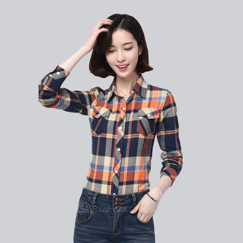 

Brand New Flannel Plaid Shirt Women 2018 Spring Women Blouses High Quality 100%Cotton Casual Long Sleeve Shirt Tops 22 Colors