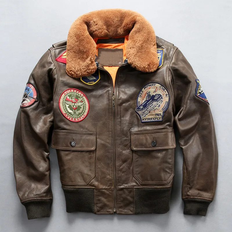 

HARLEY DAMSON Brown Men Top Gun G1 Pilot Leather Jacket Wool Collar Plus Size XXXL Genuine Cowhide Short Aviator Leather Coat