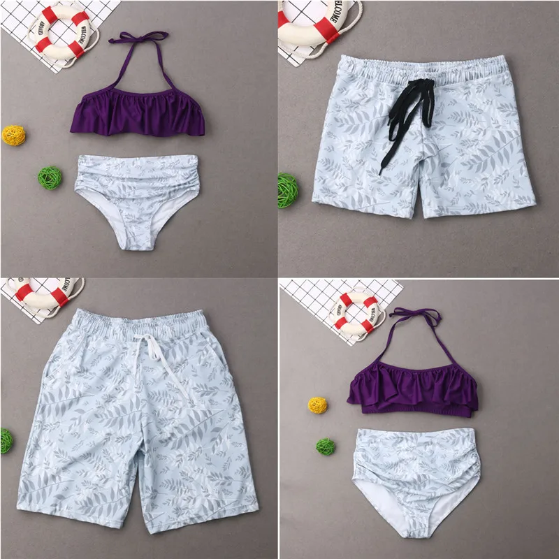

2019 Family Matching Swimwear Mother Father Kid Leaves Swimsuit Men Boy Trunks Women Girl Ruffle Bikini Bathing Suit Beachwear