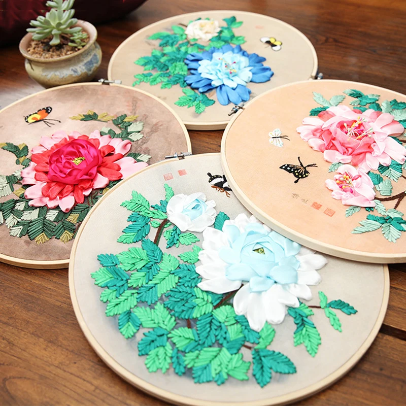 

1PC Ribbons Embroidery with Frame DIY Decorative Painting Flowers Needlework Cross Stitch Kit Sewing Craft Home Decor Peony