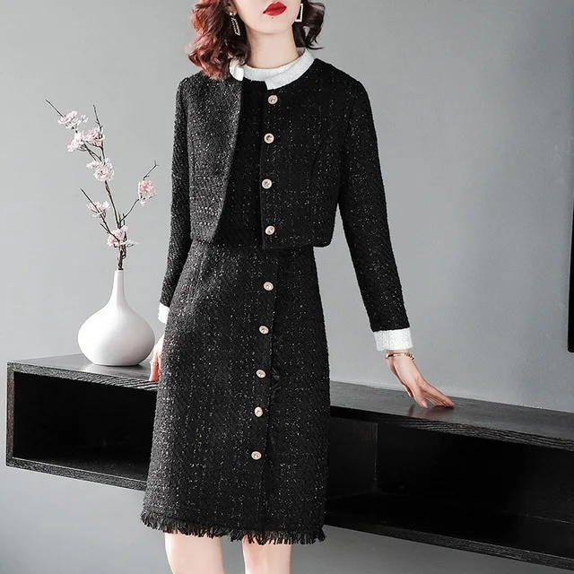 

Tweed Dress Suits Women 2019 Winter Wool Blazer Jacket Elegant Single Breasted Coat Midi Dress 2 Piece Set Office Lady Outfits