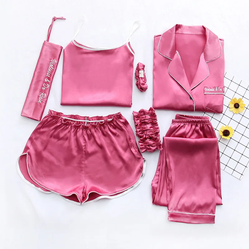 Розовая полосатая Пижама, Шелковый Атласный Женский пижамный комплект, 7 шт., стежка, нижнее белье, халат, пижамные комплекты, женская одежда для сна, домашняя одежда для женщин - Цвет: C5