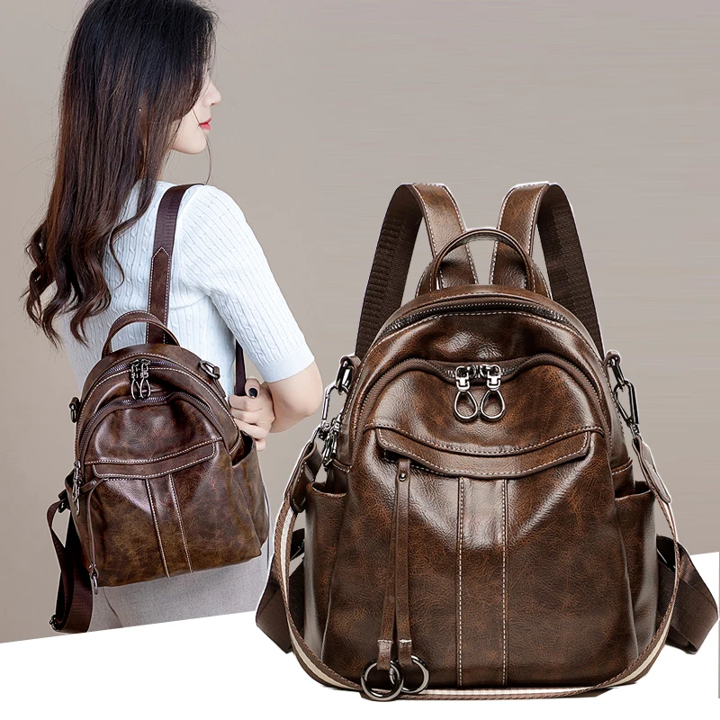 SALE  2019 Women Leather Backpacks Vintage Female Shoulder Bag Sac A Dos Travel Ladies Bagpack Mochilas S