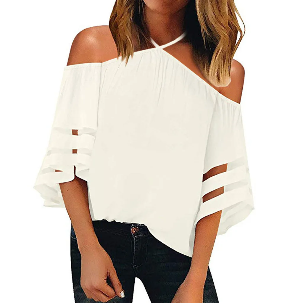 

2019 Sexy Women's Fashion Women Off Shoulder Mesh Panel shirt 3/4 Bell Sleeve Loose Top Shirt Party Gift Spring Summer top femme