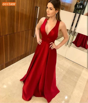 

Simple Satin Red V Neck Evening Dresses Long 2020 robe de soiree Sleeveless Customized Evening Gowns Backless Women Formal Dress