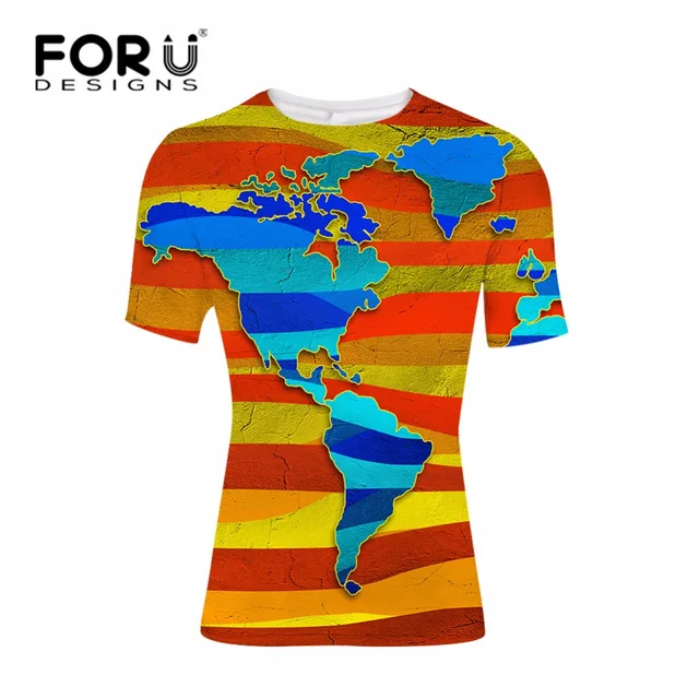 FORUDESIGNS Cool Summer Men's Casual T Shirts Colorful Map Clothing Man's Wear Short Sleeve Slim