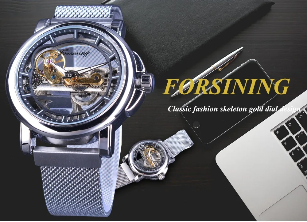 Forsining модные бизнес Дизайн Серебряный сетчатый ремешок двухсторонние прозрачные мужские часы лучший бренд класса люкс автоматические часы с скелетом
