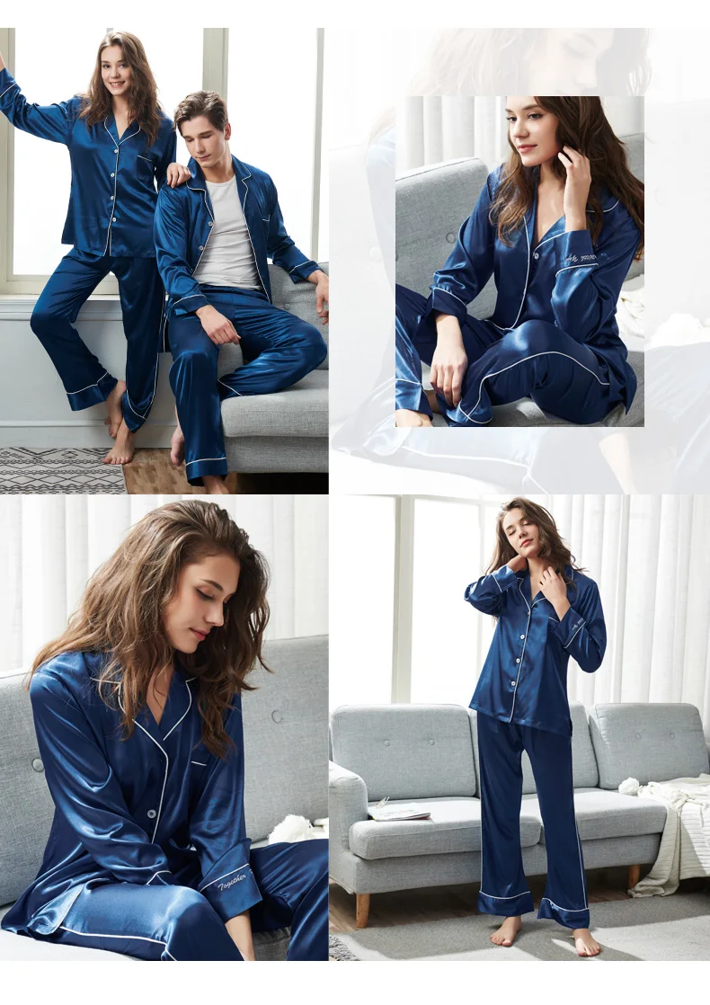 CherLemon пара атласные пижамы наборы мистер и миссис длинные пуговицах шелковистой пижамы Весна Мягкая Королевский синий ночная рубашка для