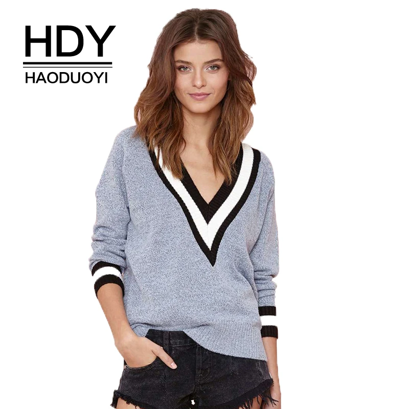 HDY Haoduoyi Autumn Fashion Loose Stripe V Neck Long Sleeve Casual Knitted Women Sweater Tops Jumper Tricot Pullovers