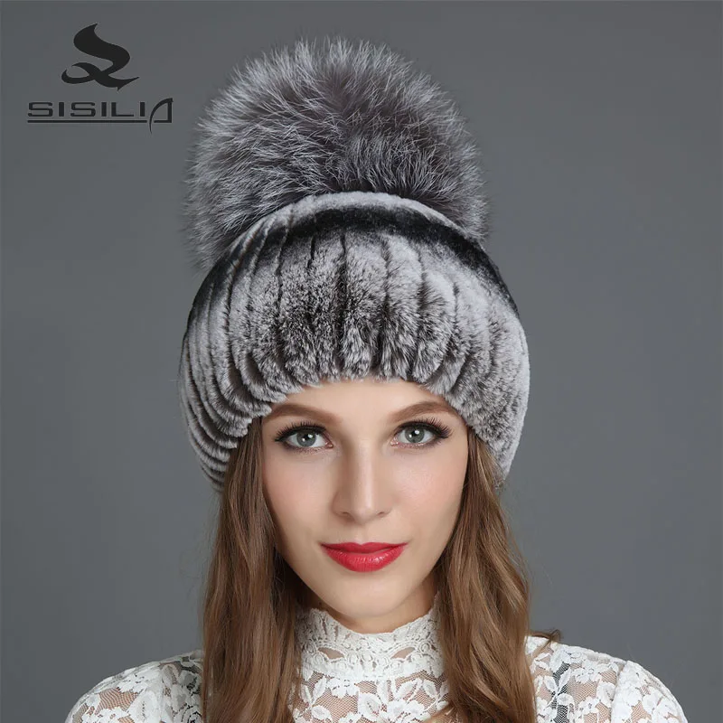

SISILIA 2017 New Winter Fashion Good Women's Hats With Fox Fur Hat Winter Caps Warm Knitted Cotton Beanies Female Caps