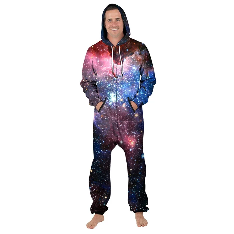 Ван Гог звездное небо с длинным рукавом для мужчин ползунки Galaxy Space Stars 3D комбинезон с капюшоном Playsuit молния комбинезоны с карманами осень
