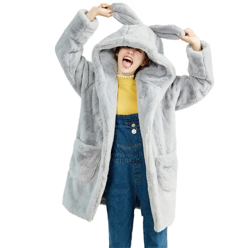 

Long Imitation Fur Coat Women Winter High Quality Horn Button Rabbit Fur Thick Warm Plus Size Loose Hooded Faux Fur Coat Female