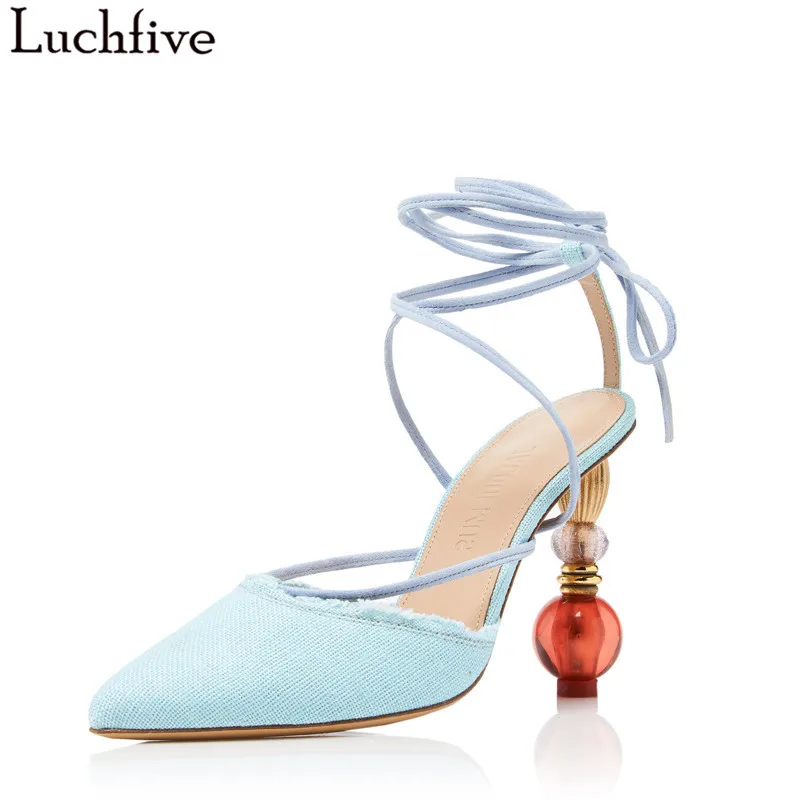 

Luchfive Cross-Tied Ankle Strap Special Crystal High Heel Sandals Women Summer Rome Style Sheepskin Pointed Toe Pumps Women