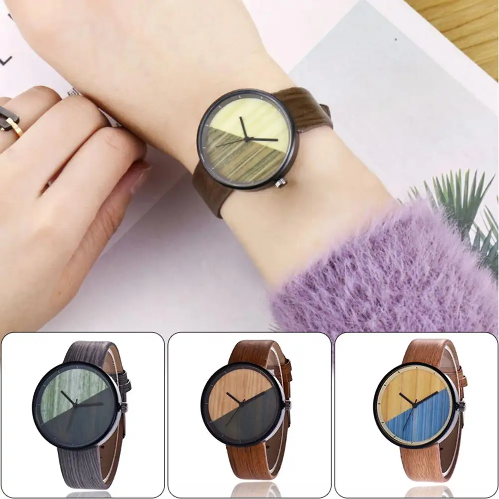 

Fashion Men Women's Watch Couple Vintage Round Wood Grain Faux Leather Strap Quartz Wrist Watch For Men HOT