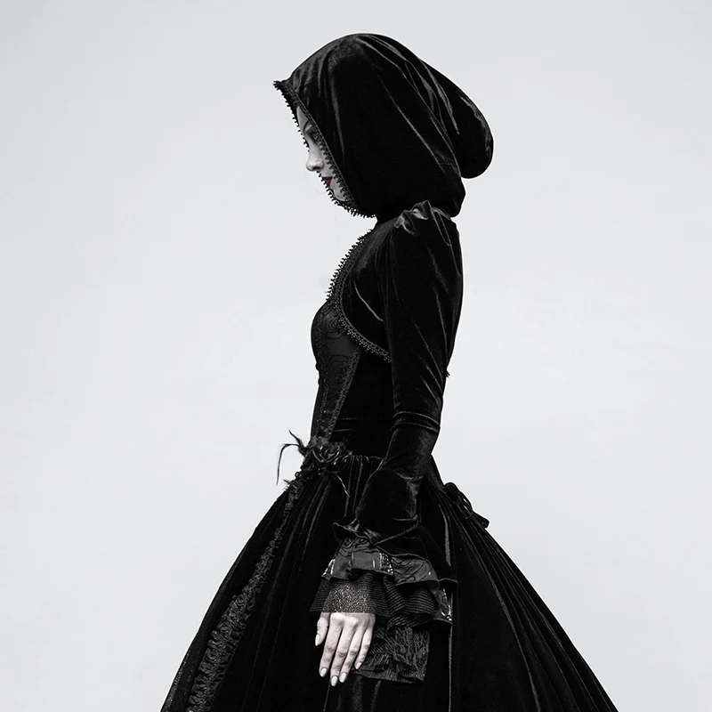 PUNK RAVE Gothic Bolero Velvet Shrug Black Woman Little Jacket Thick Short Coat with Hat Novelty Design Hoodie for Winter